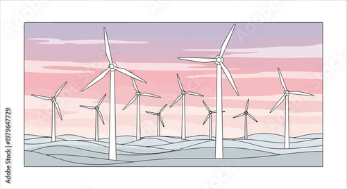 Wind turbines in a serene landscape at sunset or sunrise