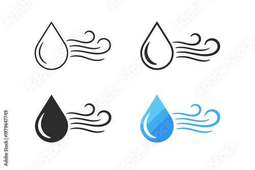 Water Droplet with Airflow Lines Icon Set Representing Humidity, Moisture Control, and Air Quality for HVAC, Ventilation, and Climate Control Systems in Line and Solid Vector Graphic Styles.