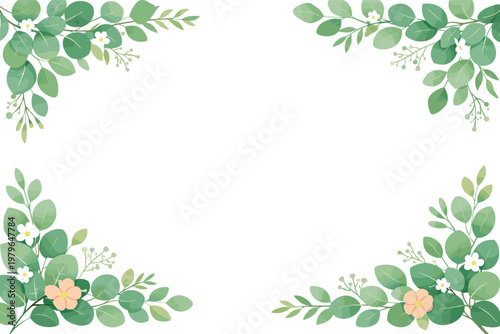 Watercolor Eucalyptus Leaves Frame, Elegant Green Botanical Border with Small White and Peach Flowers, Perfect for Wedding Invitations, Spring Greeting Cards, Nature Background, Hand Painted Foliage