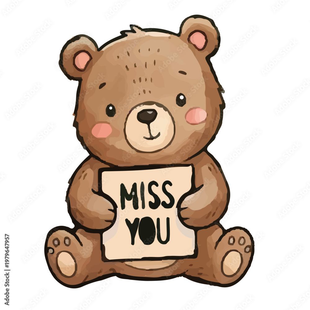 Fototapeta premium Cute brown teddy bear holding a heart in a soft cartoon style illustration
