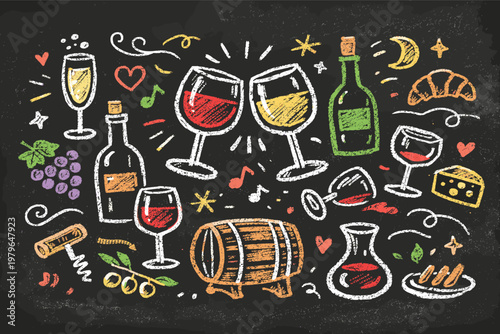 Colorful Chalkboard Wine Doodles with Glasses Clinking in a Cheers Toast. Hand-Drawn Sketch Featuring Grapes, Cheese, Bottles, and Barrel. Perfect for Party Invitations and Parisian Cafe Decor.