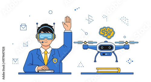 Futuristic classroom: Student interacts with drone using virtual reality technology in an