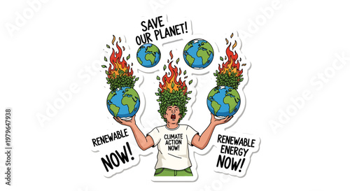 Cartoon man holding burning Earth, advocating renewable energy and saving the planet