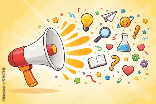 Megaphone with various educational and creative icons like lightbulb, book, and beaker for interesting facts and fun trivia concept. Flat vector illustration on a yellow sunburst background.