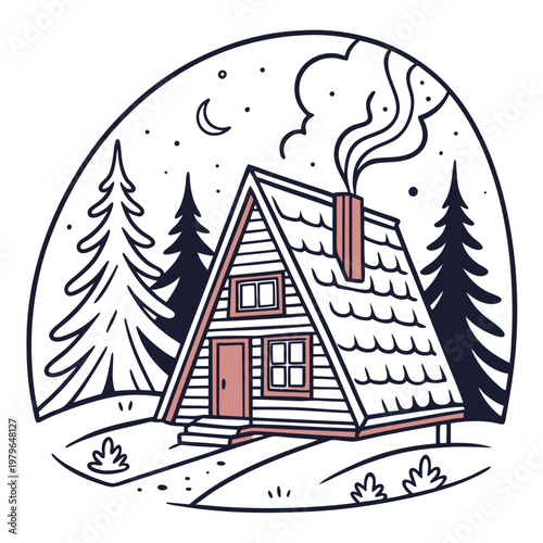 AFrame Cabin in Snowy Woods Cozy Winter Getaway Illustration.