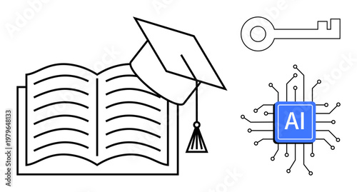 Education, technology, innovation, knowledge, AI systems, learning. Open book with graduation cap, key and AI circuit board. Education and technology ideas in one visual