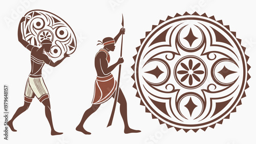 African Warriors with Shields and Spears Traditional Tribal Art.