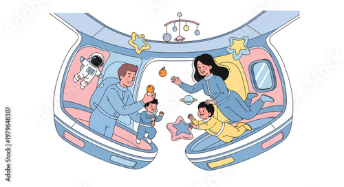 Family enjoying a train ride together at night