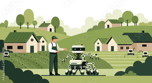 Futuristic countryside scene featuring a farmer and advanced agricultural robots enhancing farming