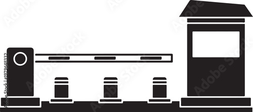 Black and white of a vehicle security barrier gate with a guard booth and three bollards