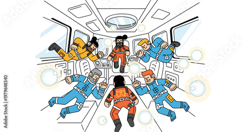Astronauts floating in zero gravity space station interior
