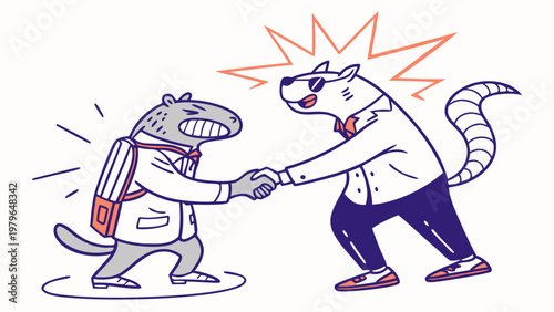 Anthropomorphic animals shaking hands cartoon style illustration.