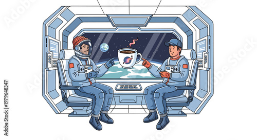 Astronauts enjoying coffee in space station, smiling and relaxing