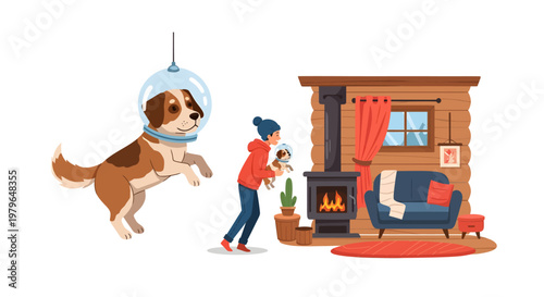 woman and dog in a cozy cabin with fireplace and furniture