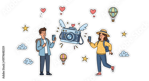 Couple taking photos with camera and smartphones on vacation
