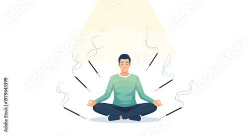 man meditating in lotus position with smoke and light