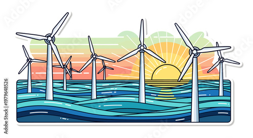 Wind turbines in ocean at sunset, renewable energy concept