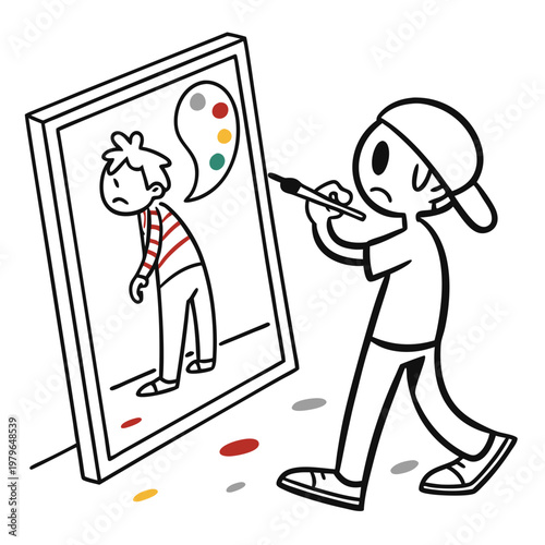 Artist painting self portrait reflecting inner emotions and feelings.