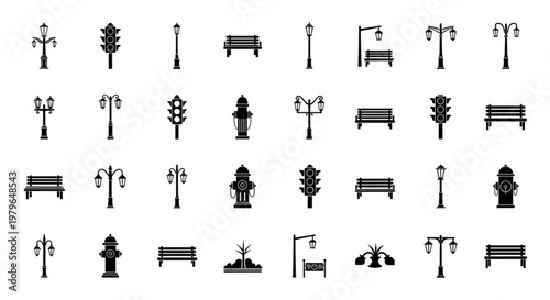 A collection of various street furniture and lampposts icons are displayed.