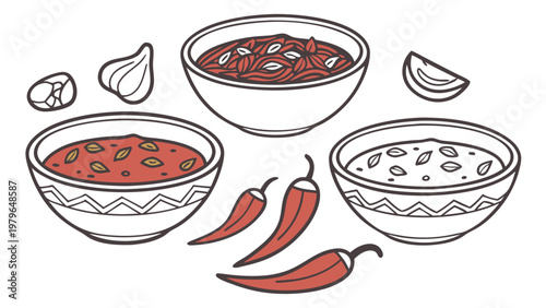 Assortment of Spicy Soups with Chili Peppers and Garlic.