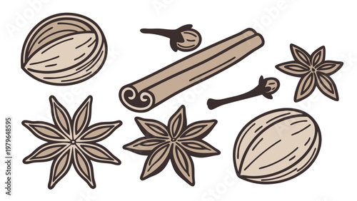 Assortment of Spices Star Anise Cinnamon Cloves and Nutmeg.
