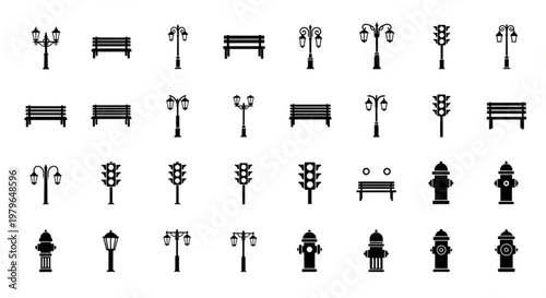 A collection of various urban furniture icons including benches and lampposts.