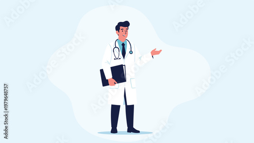 Professional male doctor in a white coat with a stethoscope, holding a clipboard and gesturing with a friendly smile.