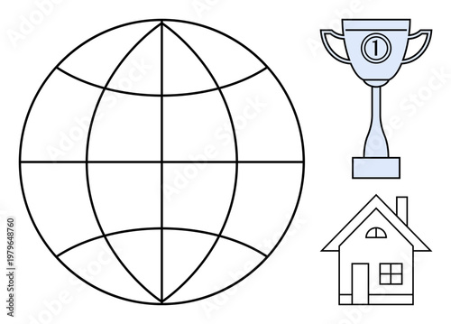 Global connection concept. Visual ation of global networks with symbols of achievement and home. Global connection relates to success, lifestyle, and international community. Ideal for business, real