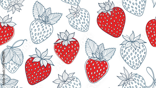 Fresh and vibrant pattern of red ripe strawberries mixed with delicate line art strawberry sketches, perfect for fruit and food themes.