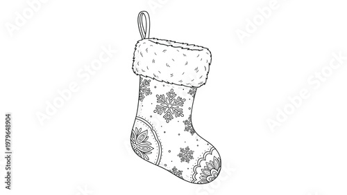 Festive Christmas stocking with intricate snowflake patterns and a fluffy cuff for holiday coloring activities or cards.