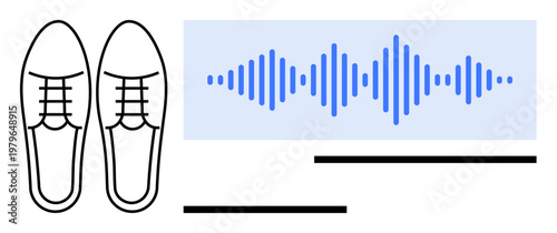 Sound visualization. Shoes paired with an audio waveform showing sound and movements connection. Sound visualization for technology, fitness, podcasts, design, and branding