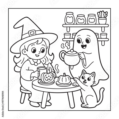 Halloween spooky coloring pages for teens and adults. line art illustration.