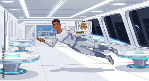 Futuristic dining experience, space station server with meal above earth background scene