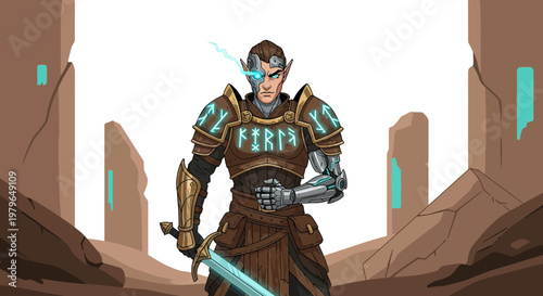 Futuristic elf warrior standing ready in an alien desert landscape illustration