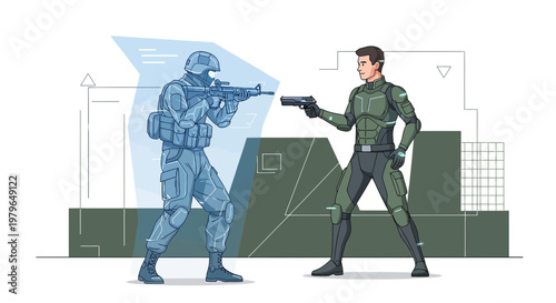 Futuristic encounter depicting soldier confronting armed figure in a stylized environment