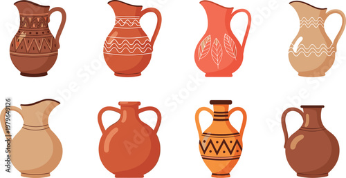 Handcrafted Pottery Jugs Collection with Decorative Designs for Vintage and Traditional Home Decor, Garden Use, and Interior Design