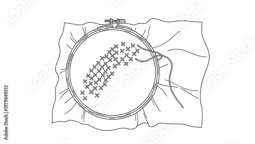 Handmade cross stitch embroidery process shown in a wooden hoop with fabric and needle in a clean and simple line art.