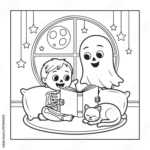 Halloween spooky coloring pages for teens and adults. line art illustration.