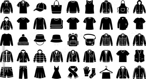 Apparel Icon Grid. Outline icon set of apparel variety: hoodie, polo shirt, cap, tote bag, sweatshirt, tank
