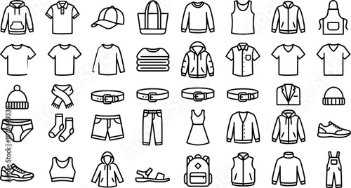 Apparel Icon Grid. Outline icon set of apparel variety: hoodie, polo shirt, cap, tote bag, sweatshirt, tank
