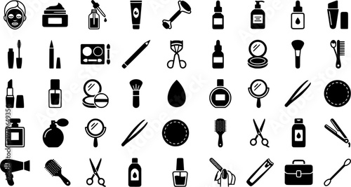 Cosmetic Shine Icons. Outline icon set of shine in cosmetics: glowing skin, radiant face, shining lipstick, sparkling eyeshadow,
