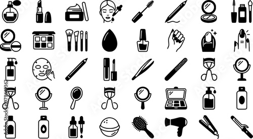 Cosmetic Shine Icons. Outline icon set of shine in cosmetics: glowing skin, radiant face, shining lipstick, sparkling eyeshadow,
