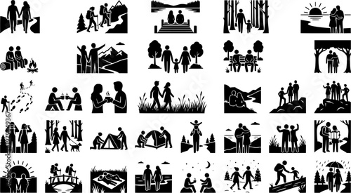 Together Outdoors. Solid icon set of Together Outdoors: couple silhouette, hiking trail, bonding symbol, nature frame, hand holding icon,
