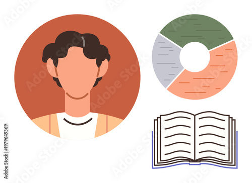 Education, data analysis, knowledge sharing, personal identity, research, learning materials. Abstract person, pie chart open book. Education and data analysis concepts