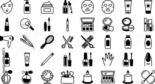 Cosmetic Shine Icons. Outline icon set of shine in cosmetics: glowing skin, radiant face, shining lipstick, sparkling eyeshadow,
