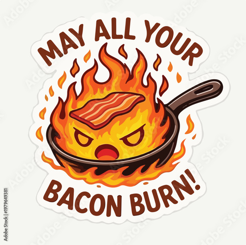 A humorous cartoon sticker illustration showing an angry flaming character in a frying pan with burning bacon, playfully wishing bad luck with cooking.