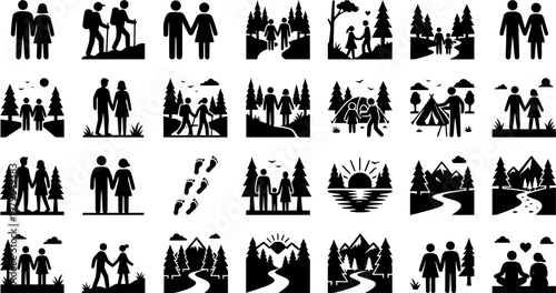 Together Outdoors. Solid icon set of Together Outdoors: couple silhouette, hiking trail, bonding symbol, nature frame, hand holding icon,
