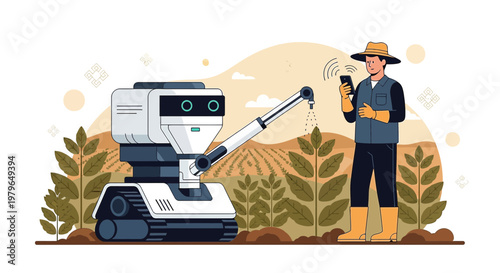 Futuristic farming: Man utilizes autonomous robot for precise irrigation in agricultural field