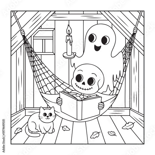 Halloween spooky coloring pages for teens and adults. line art illustration.