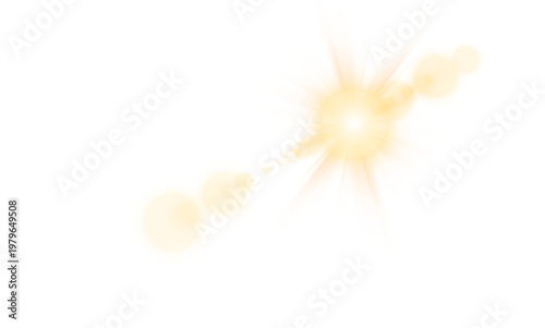 Yellow star flashed with sparkles sun isolated on white background. Soft glow without departing rays, sunlight with lens flare effect. PNG vector light effect.	